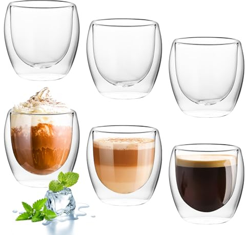 Fonyet 6er Set Espressotassen Glas 80ml Doppelwandig Kaffeegläser Latte Macchiato Gläser Cappuccino Gläser Thermogläser aus Borosilikatglas