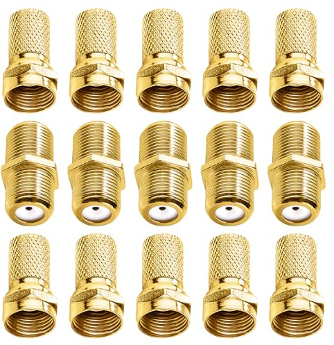 KUOQIY 15 Stücke F-Stecker Set, F-Aufdrehstecker und F Kupplung Verlängerung, SAT Adapter Verbinder, für Satelliten-TV, Antenne, Sky, Freesat, Virgin NTL Koaxialkabel, Gold