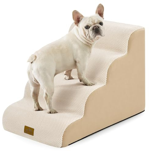 COZY KISS Wide Dog Stairs for Small Dog 19.7 H, Pet Step for Puppy, Older Cat, Curved Ramp for High Bed or Car, Stairs with High Density Foam, Lightweight, Durable, 4 Step, 17.7x28x19.7 inch, Beige