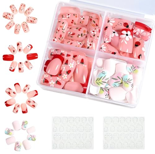 96 Pcs Fake Nails, 12 Sizes Press on Nails with Jelly Glue, Cartoon Nail Tips for Women Girls Kids Nail Art Decoration- Full Cover Stick on Nail Art Manicure Decorations