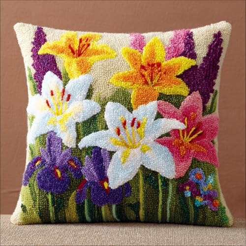 XDEGHUANGSS Kit Canevas à Nouer Coussin 43x43cm,Ensemble DIY Crochet à Loquet pour Enfants et Adultes,Activité Créative,Housse d’Oreiller Fait Main,Fleurs mignonnes
