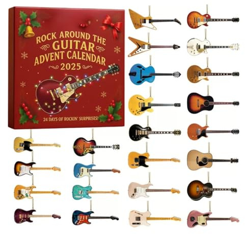 Calendrier de l'Avent 2025 Rock Around the Guitar, compte à rebours de Noël de 24 jours, avec 24 mini-ornements de guitare, pièce de collection rock and roll pour les vacances, cadeau pour musiciens