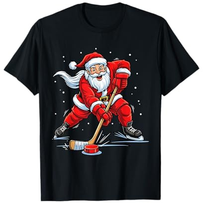 Père Noël Amusant Jouant au Hockey sur Glace Sport de Noël T-Shirt