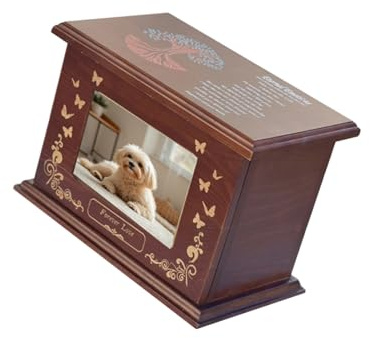 PANGBOER Urna conmemorativa para mascotas con área de exhibición de fotos y contenedor de recuerdos de madera natural grabado para almacenamiento de cenizas, caja de cremación de mascotas de gran