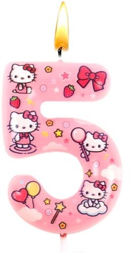 Candele Compleanno Kitty, Candele Numero 5, Decorazioni per Torte, Rosa, Stile Cartone Animato, Adatta per Decorazioni di Compleanno e a Tema