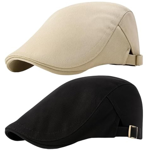 PjuQow 2 Stück Baskenmütze Herren, Schiebermütze Herren, Vielseitig Für Verschiedene Anlässe, Durchluftbar, Einstellbar, 57-61CM（Schwarz Und Beige