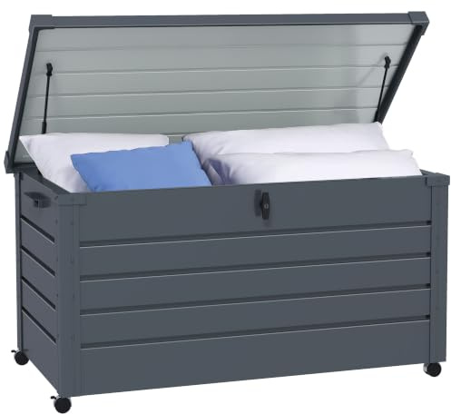 Outsunny Gartenbox Metall 311 Liter mit Griffen 120 x 62cm Dunkelgrau | Auflagenbox, Rollen, Schloss, Wasserdicht, Abschließbar, Gartentruhe, Outdoor Kissenbox, Wetterfest, für Garten Balkon