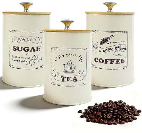 Elyyapt 3 PCS Tea Coffee Sugar Canisters Set Kitchen Storage Tins Jars with Airtight Wooden Lids, Tea Sugar Coffee Containers Set Decorative Food Caddy Bowl Pots for Countertop Organisation, 740ml