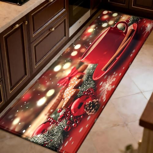 Küchenläufer Roter Kaffee 50 x 150 cm Weihnachten rutschfest & waschbar, Anti-Müdigkeit Küchenteppich für Flur, Bad & Wohnzimmer