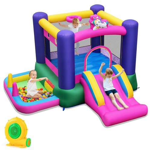 GYMAX Kids Bouncy Castle, Inflatable Jumping House with Slide, Ball Pit Area and Basketball Hoop, Children Bounce Playhouse for Outdoor Indoor (Unicorn with 480W Blower)