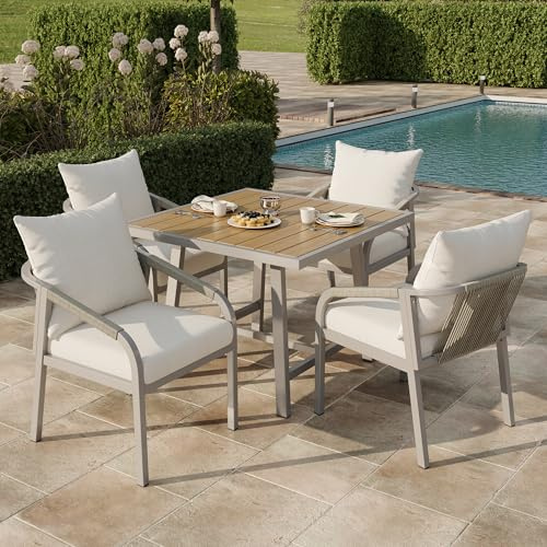 Terahanda Garten-Essgruppe,Gartenmöbel-Set,Geeignet für 4 Personen, bestehend aus 1 Tisch und 4 Stühlen, verzinktem Stahlrohr, Tischplatte aus Kunststoffholz, geflochtenem Seildesign, Khaki + Beige