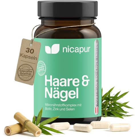 nicapur Haare & Nägel – Vitamin- & Mineralstoffkomplex mit Biotin, Zink, Selen, Kupfer, Korallencalcium – 30 laktosefreie Kapseln