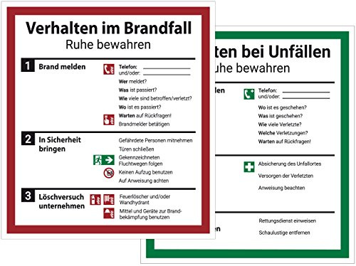 Schild Aushang Verhalten im Brandfall und Verhalten bei Unfällen als Set, 18x20cm, mit UV-Schutz, PVC-Aufkleber, ISO 7010, Betriebsaushang Notfallplan Dreifke®