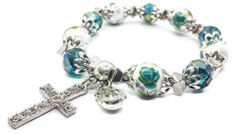 Nazareth Store Rosary Bracelet Christian Charm Crystallized Green Beads Decorated With Flowers and Silver Cross
