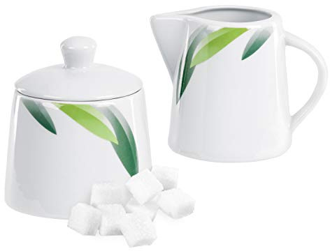 Van Well | 2-TLG. Geschirr-Set Siena: Zucker-Spender mit Deckel + Milch-Kännchen | Dose + Gießer | Blatt-Dekor grün | edles Porzellan | Gastronomie