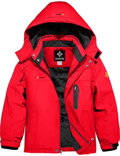 GEMYSE Veste de Ski Enfant Garçon Blouson Hiver Chaud Imperméable Coupe-Vent avec Capuche et Polaire Intérieure(Rouge,116-122)