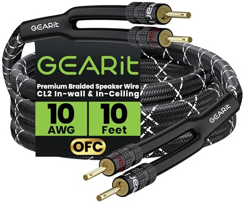 GEARit 10 Gauge OFC Speaker Cable with Banana Plugs 10 ft, CL2 Rated Speaker Wire with Gold Plated Tips, High-Fidelity Audio for Audiophiles, HiFi, Bi-Wire, Bi-Amp & Surround Sound Speakers