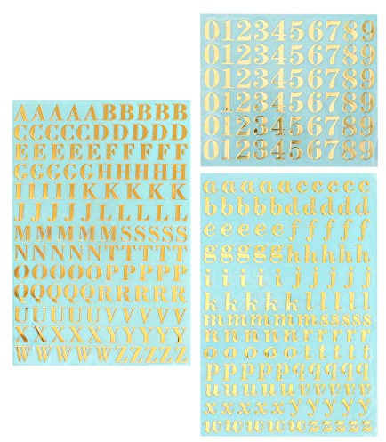 SAVITA 3 Blatt Alphabet Zahlen Aufkleber, Briefaufkleber Glitzer Metall Mini Buchstaben Aufkleber Gold Zahlen Aufkleber für Scrapbooking, Basteln (Groß- und Kleinbuchstaben, Zahlen)