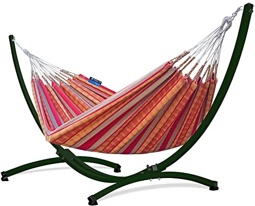 Potenza Outdoor Hängematte mit Gestell für 2 Personen I Pereira - 100% Baumwolle Doppelhängematte 230x160 cm, 200kg I Hängemattengestell 220kg, wetterfest (Mandarin, Gestell Grün)