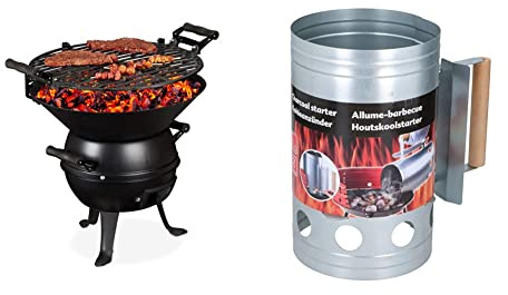Relaxdays Grillfass, Gusseisen und Stahl, höhenverstellbar, Grillrost Ø 35 cm, schwarz & BBQ Collection 871125234770 Anzündkamin, Kohlestarter, Grillkohleanzünder 16x27x25,5cm, Bambus, gelb, 60