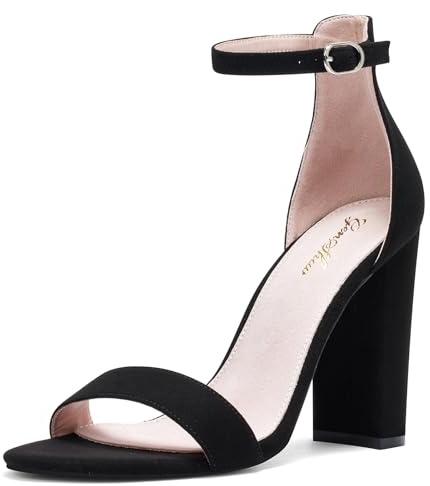 Zhabtuc GENSHUO Sandali da Donna con Tacco Alto Grosso da 10 cm e Cinturino alla Caviglia, Scarpe Eleganti per Feste, Matrimoni e Cerimonie Nuziali, nero scamosciato, 38.5 EU