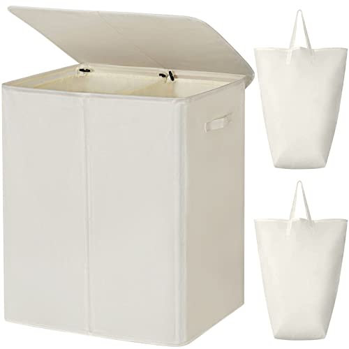 Chrislley Panier à linge double avec couvercle et sacs à linge amovibles, 154 L, grand panier à linge pliable avec 2 séparateurs avec poignées, pour chambre à coucher, buanderie, salle de bain (beige)