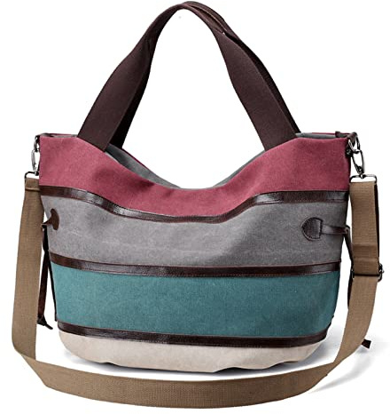 PORRASSO Damen Schultertasche Große Canvas Handtaschen Multi Color-Striped Umhängetasche Frauen Hobotasche Crossbody Bag für Arbeits Reisen Täglicher Gebrauch Rot