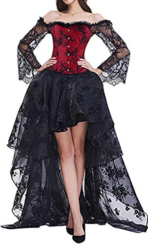 PANOZON Donna Elegante Underbust Corsetto Spalla Pizzo Manica Lunga Body Shapewear Halloween Christmas (X-Large, Z gonna rh)