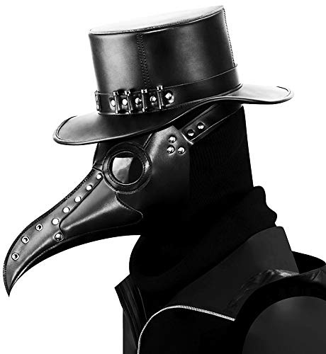 Azurtis Black Leather Plague Doctor Mask - Long Nose Bird Beak - Steampunk Halloween Costume - Adult Unisex