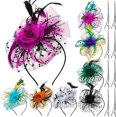 Yunsailing 8 Pcs Fascinators Hats for Women Tea Party Derby Hats Veil Feathers on a Headband and a Clip(Elegant Color)