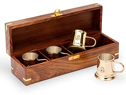 NKlaus Maritim Gobelet à rhum dans sa boîte en bois en laiton et cuivre argenté à l'intérieur 11710