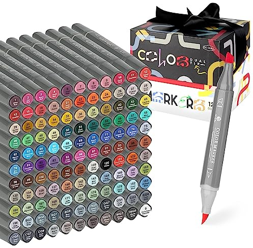 GC QUILL Pennarelli ad alcool con punta a pennello - 121 colori markers con pennello e scalpello a doppia punta per artisti, adulti, schizzi da colorare, illustrazione GC-MK121