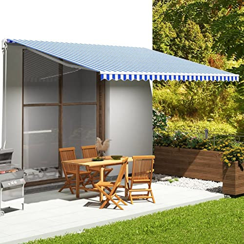 Homgoday Replacement Fabric for Awning, Outdoor Awning, Sun Awnings for Balconies, Awning with Extendable Arms for Outdoor and Fall Outdoors, Blue and White, 5 x 3.5 m