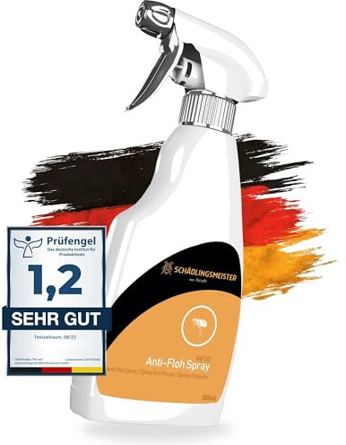 SCHÄDLINGSMEISTER Spray anti-puces - 500ml - Répulsif anti-puces maison pour chats et chiens - Sans perméthrine - Haute efficacité grâce à l'acétamipride - Made in Germany - AMP 2 CL