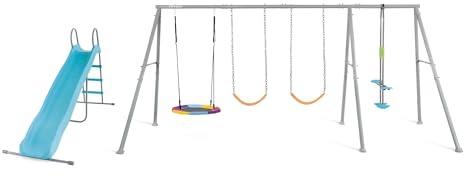 Intex 44152 Set Altalena e Scivolo Indipendente da Giardino per Bambini, con Due Seggiolini, Un Dondolo Nido e Un Dondolo Due Posti, Acciaio, Grigio, 442x235x200 cm
