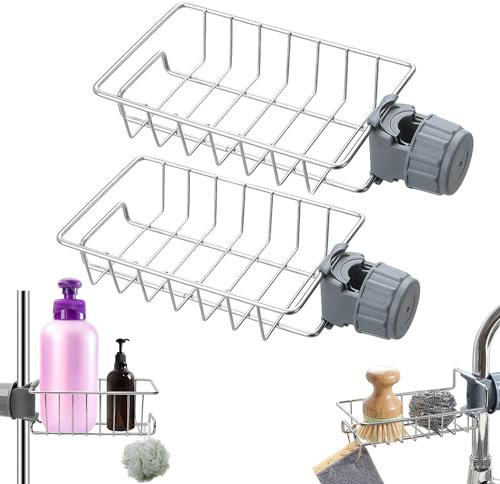 Rierousy Estante de Grifo de Acero Inoxidable, Cesta Ducha, Estanteria Ducha sin Taladro para Drenaje de Esponja, Guarda Estropajos Fregadero para Champú, Jabón, Gel Ducha