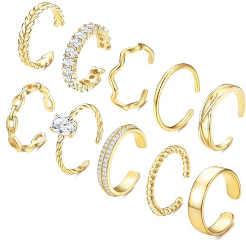 Adramata 10 Pièces Bagues Femme Or Réglable Plaquées d'or 14 Carats Pouce Bagues Empilables Or/Argent Alliance Minimaliste Ouvertes Bagues de Déclaration de Doigt Boho Argent Femme
