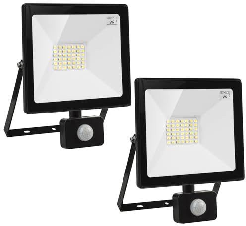 Maclean MCE630 NW LED Juego de 2 Reflectores con Sensor de Movimiento PIR 30W 4000 lúmenes Foco de Iluminación Exterior Delgado IP44 (2x Proyector LED 30W, Blanco neutro (4000K))