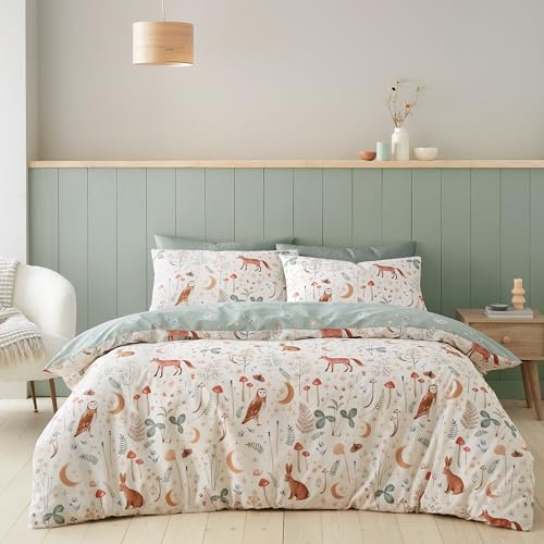 Catherine Lansfield Parure de lit Double réversible avec Housse de Couette et taies d'oreiller Motif Animaux du crépuscule enchanté Naturel