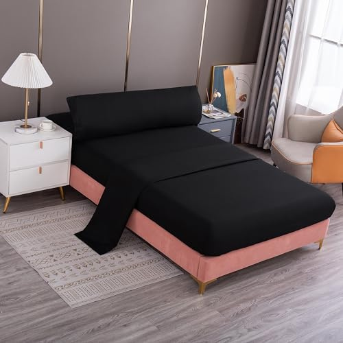 Meishida Juego de Sábanas 3 Piezas para Cama 90cm/135cm/150cm, Sábana Bajera Ajustable, Encimera, Funda de Almohada Color Liso (Cama 90cm, Negro)