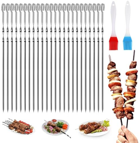 WWYSSZ Brochetas de Barbacoa de Acero Inoxidable 30cm, 24 Piezas Brochetas de Kebab Plano Pinchos para Barbacoa Reutilizables Brochetas de Metal con 2 Cepillos, para Fiestas Barbacoa Fogata o Parrilla