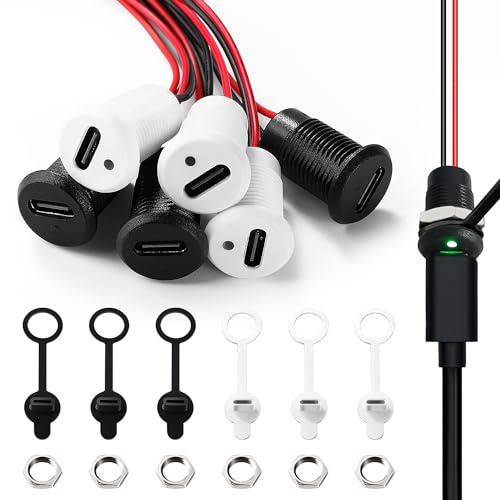 KUOQIY 6 Stück USB-C Typ C Buchse Montage Panel Anschluss, 3A 2 Pin Buchse mit LED-Licht, Anschluss USB-Typ C Löten mit 150 mm 24 AWG Kabel, mit Staubschutzkappen Muttern