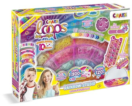 CRAZE loops Rainbow Studio - Loom Bänder XXL Set mit 1300+ Gummibänder und viel Zubehör - Kinder Bastelset - Halsketten, Ringe und Armbänder selber machen, Regenbogen