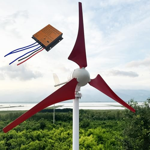 ZHOZHUT 800W / 1000W / 1200W Aerogenerador Eolico 12V 24V 48V Turbinas De Viento con 3 Aspas Rojas Y Controlador MPPT, 2,5m/s De Velocidad Inicial del Viento para Parques, Barcos, Tejados,1000w,24V