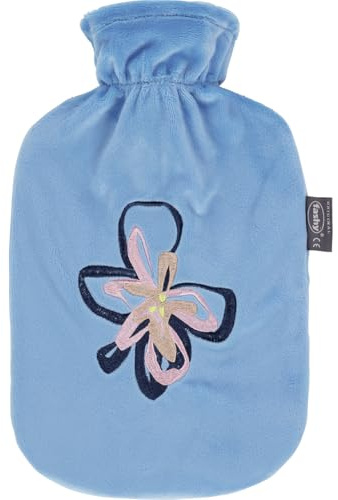 Fashy Wärmflasche 2,0 L mit Flauschbezug und Blumenapplikation, blau