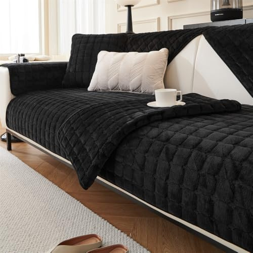 QIAQ Weiche Samt-Sofabezüge, waschbar, universelle rutschfeste Sofakissenbezüge, 1-, 2-, 3-, 4-Sitzer-Couchbezüge für Sektionalsofa (70 x 150 cm, Schwarz)