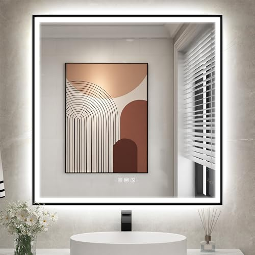 STARLEAD 80x80cm Noir Miroir-LED-Salle-de-Bain-avec-Éclairage et Bluetooth, Anti-buée, 3 Couleurs Lumière, Dimmable, Mémoire, IP44 Verre Trempé Carré Miroir-Mural, Cadre Non Métallique
