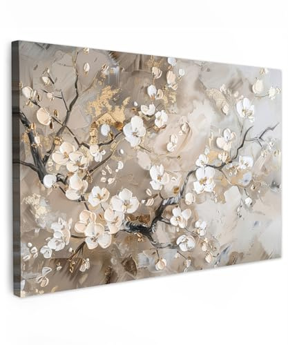 MuchoWow© Stampa Foto Quadro Moderno Quadri Moderni Soggiorno Con Cornice | 90x60 cm - Stampe Da Parete Camera Da Letto Matrimoniale Decorazione Canvas Fiori - Bianco - Oro - Beige - Lusso