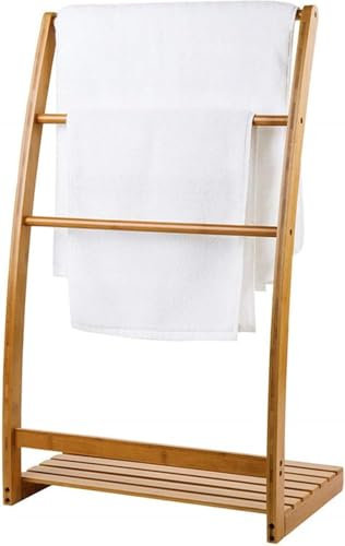 Handtuchhalter mit 3 Ebenen, Bambus-Handtuchhalter, freistehend, Strandtuchhalter, Abtropfgestell mit Bodenablage, Regal für Wohnzimmer, Schlafzimmer