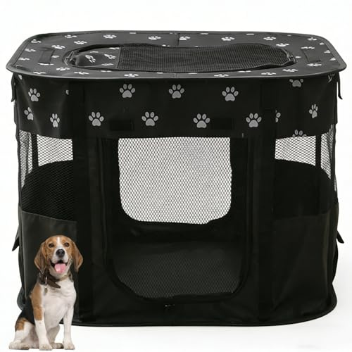 Floving Tragbares Hundehaus Haustierzaun 90x70x60cm Faltbarer Haustier Laufstall Rechteck Lieferraum Katzennest Katzenhöhle Welpenhaus Zwinger Geschlossenes Haustierzelt (Schwarz)